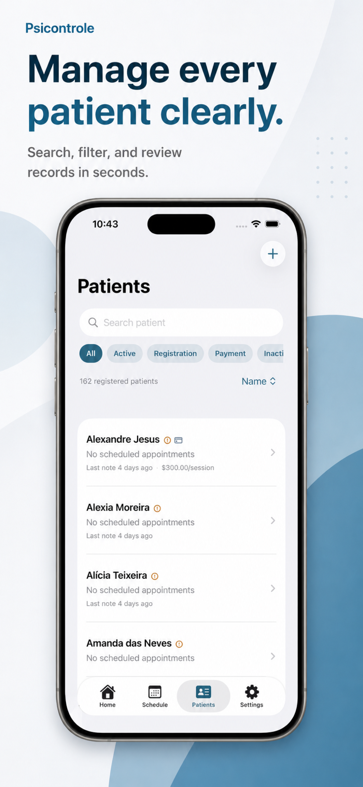 PsiControle patient list with filters and patient status indicators