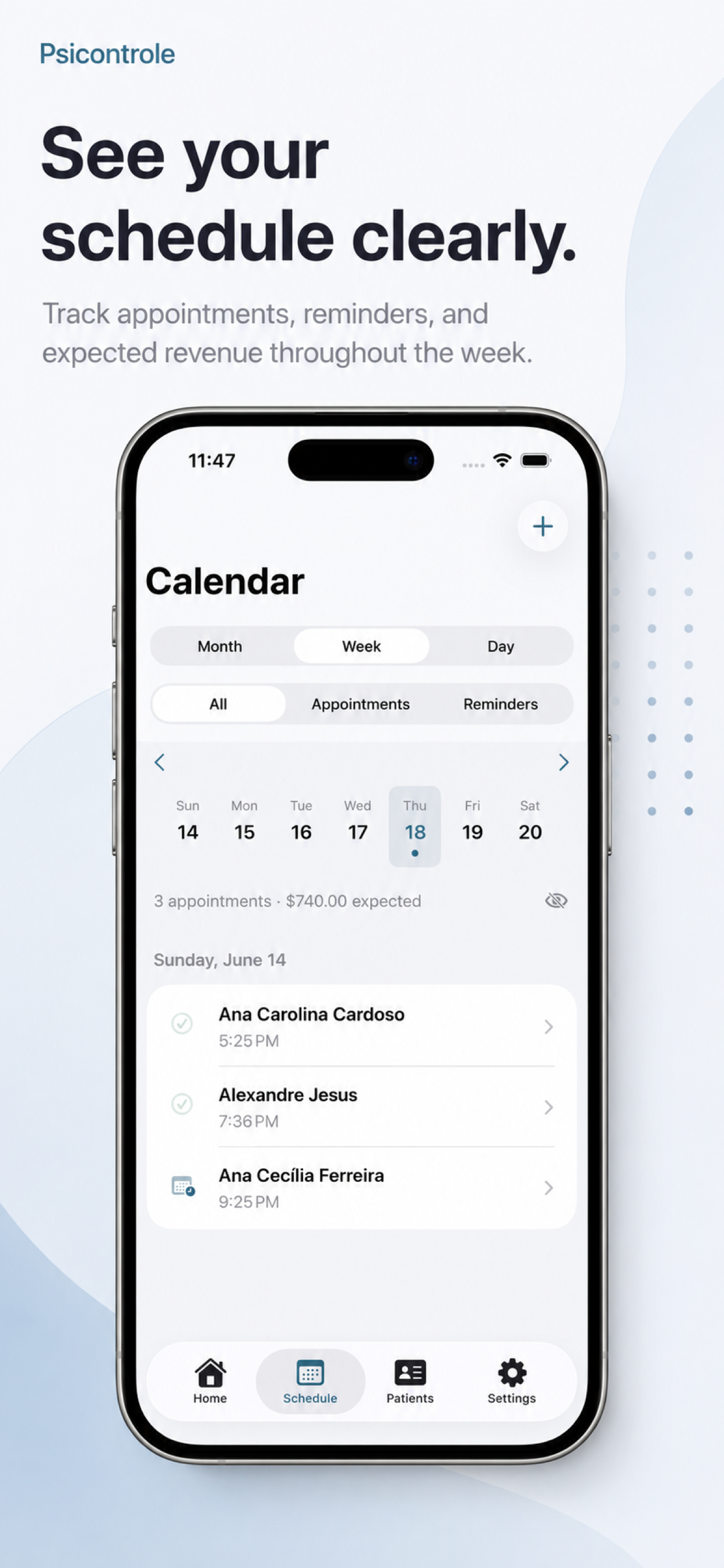 PsiControle schedule screen with appointments and weekly context