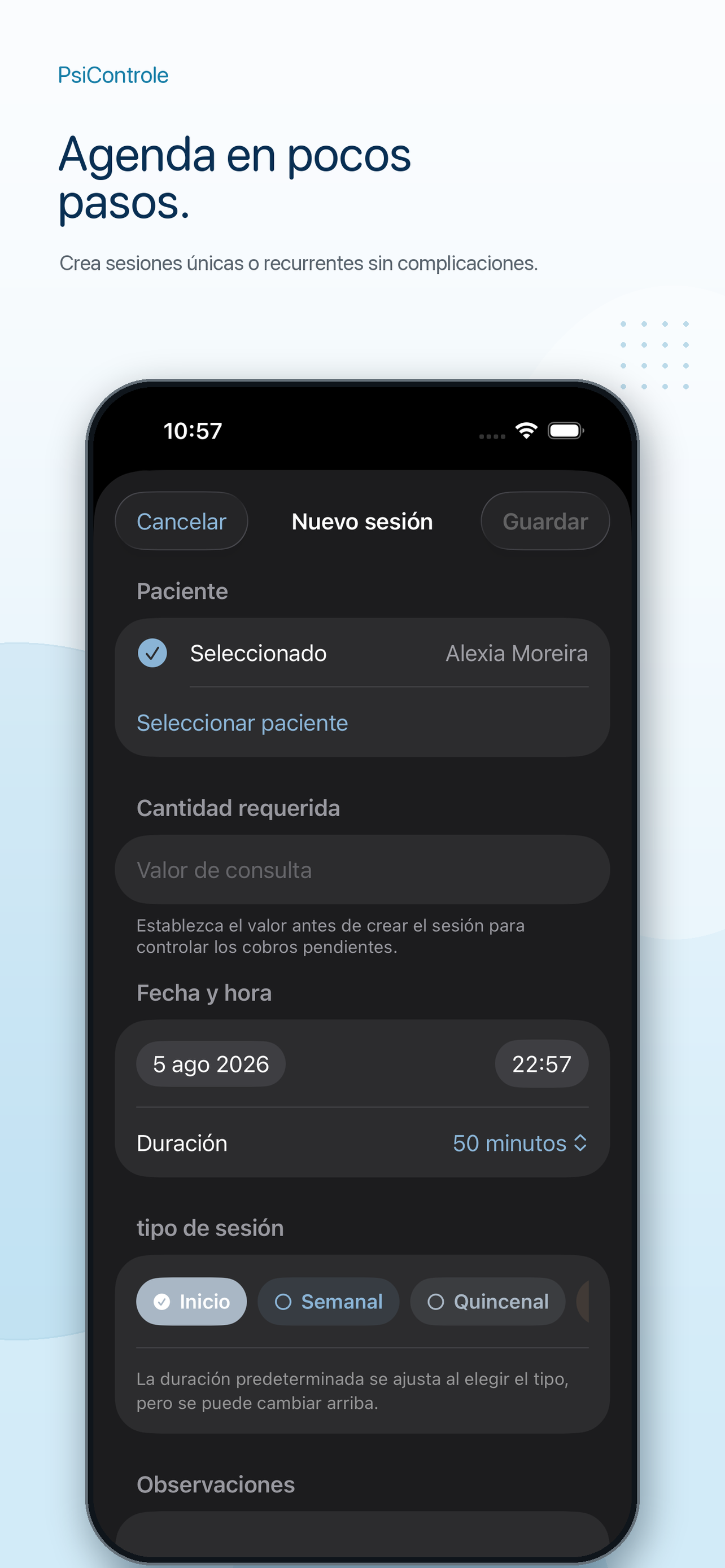 Formulario para crear una nueva sesión recurrente en PsiControle