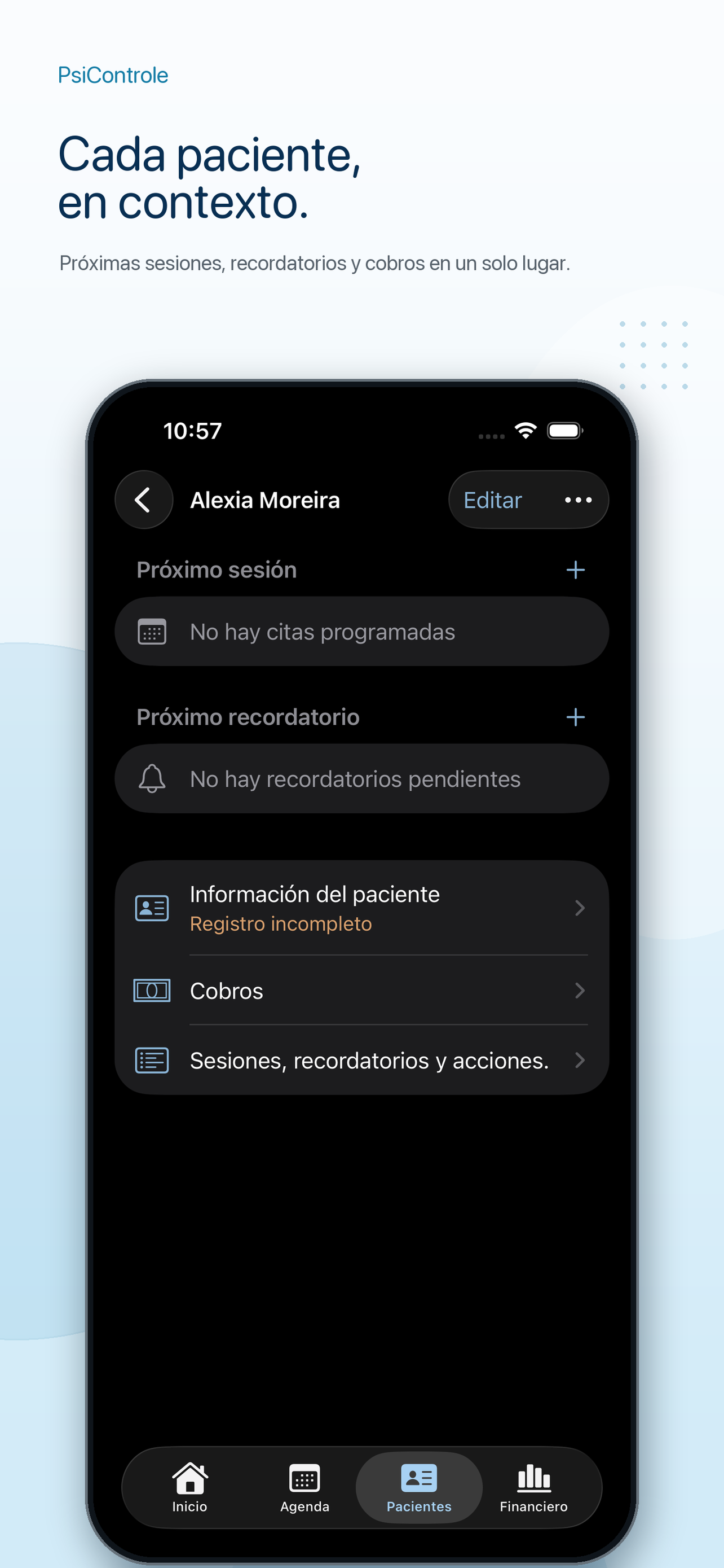 Detalles de un paciente con próxima sesión, recordatorios y pagos