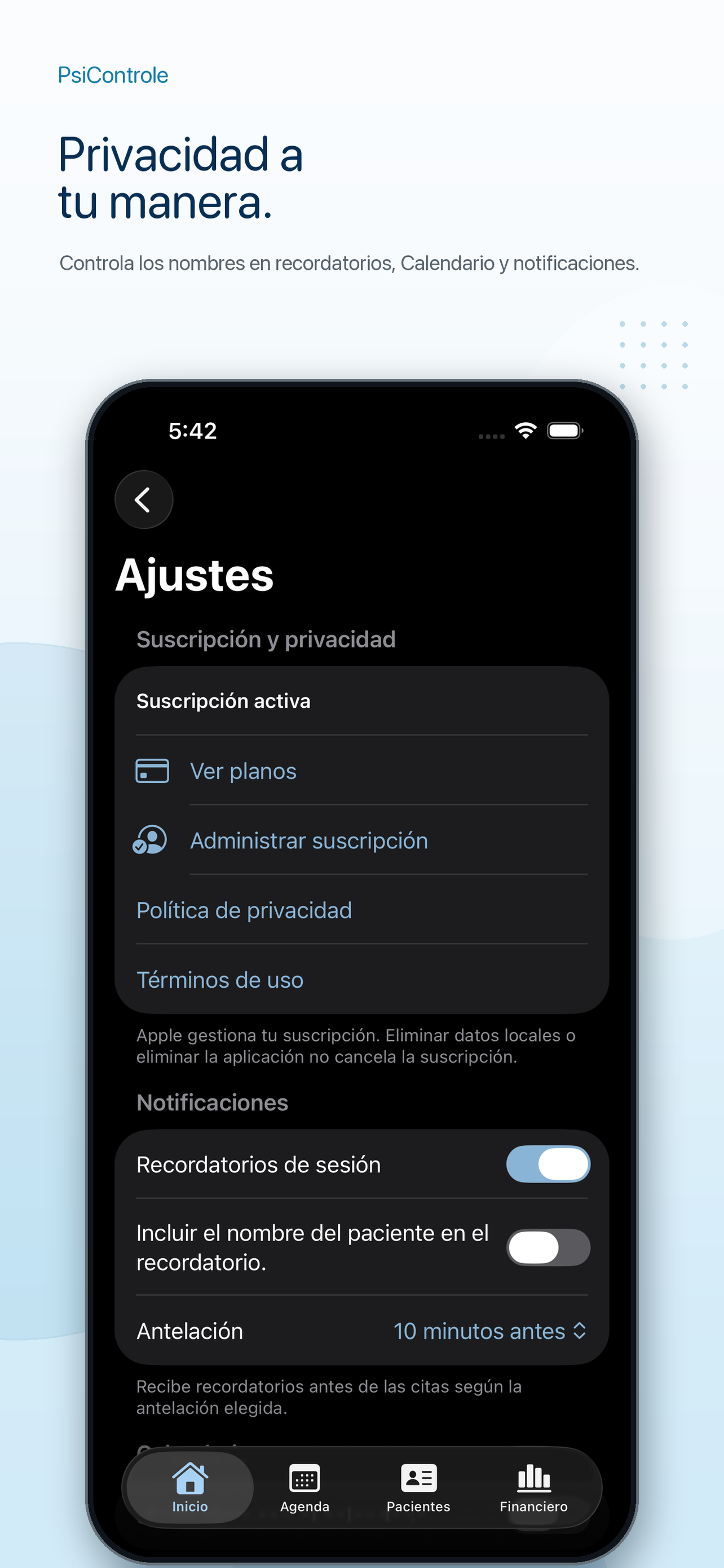 Ajustes de privacidad, notificaciones y Calendario de PsiControle