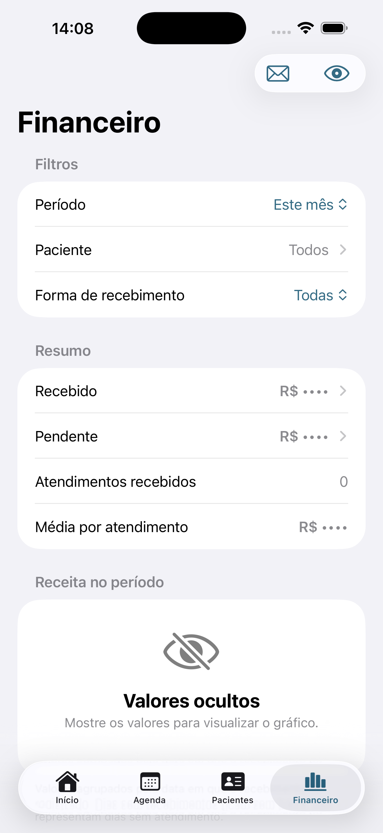 Tela financeira do PsiControle com filtros, resumo e valores protegidos