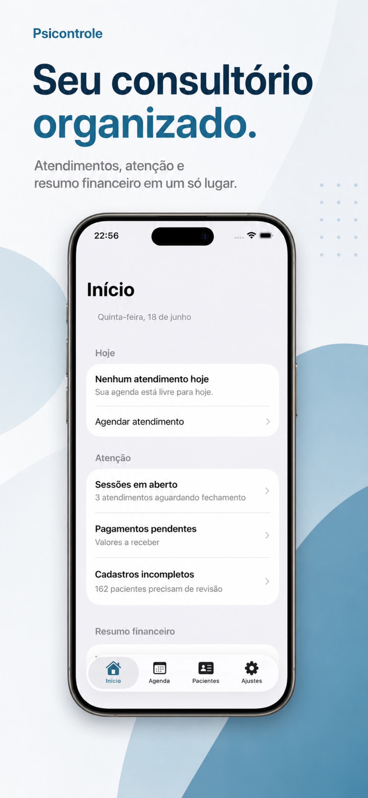 Tela inicial do PsiControle com rotina clínica do dia e pendências
