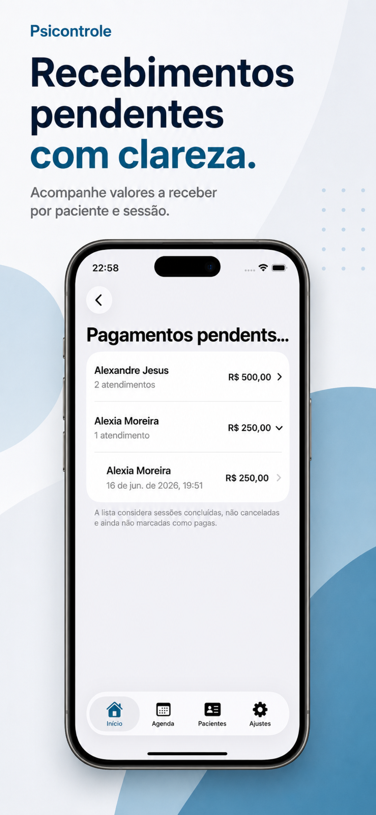 Tela de recebíveis do PsiControle com pagamentos pendentes por paciente