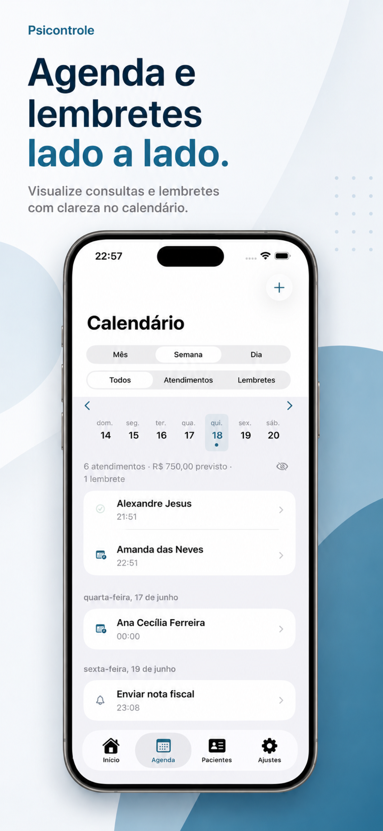 Tela de agenda do PsiControle com atendimentos e contexto semanal